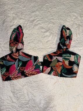 Time and Tru Black Tropical Print bikini top